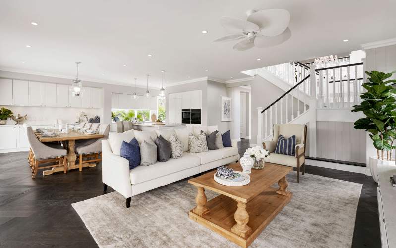 Hamptons Style Colour Palette Living room and stairs and kitchen