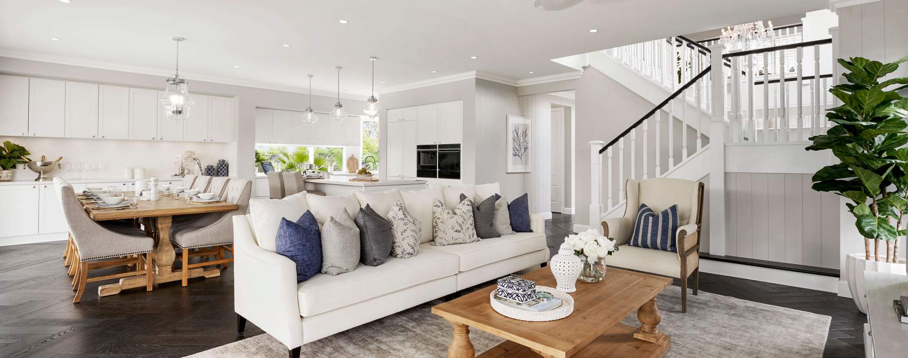Hamptons Style Colour Palette Living room and stairs and kitchen